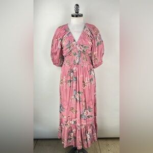 💚 3150. Empire Smocked Waist Floral Pink Maxi Dress